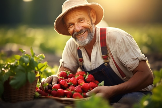 Smiling female gardener picking strawberries in the field