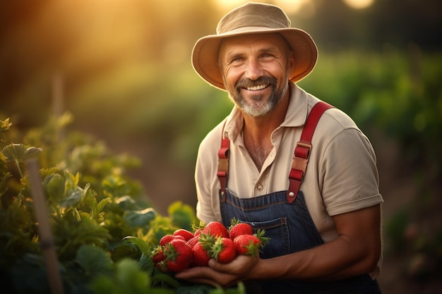 Smiling female gardener picking strawberries in the field