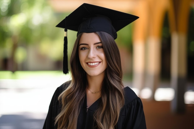 a smiling female graduate in her cap and gown