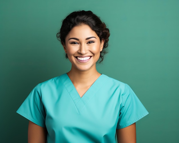 smiling female nurse in blue scrubs against green background