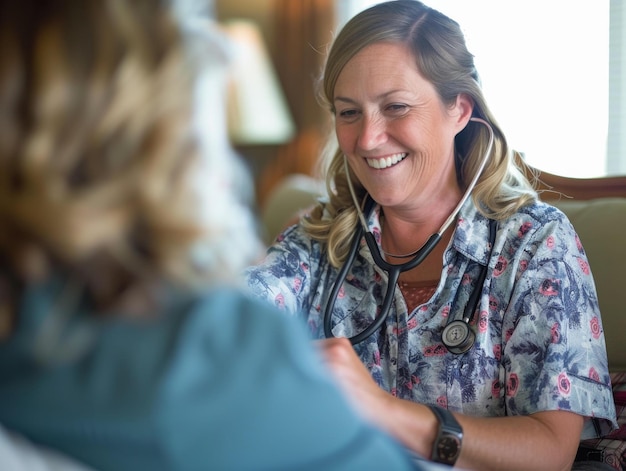 Photo a smiling female nurse practitioner checks a patients blood pressure