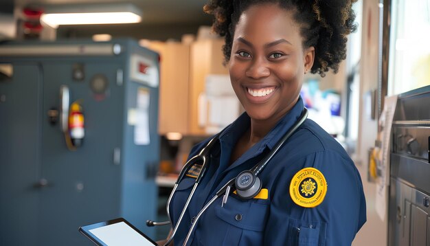 Photo smiling female paramedic with tablet in clinic