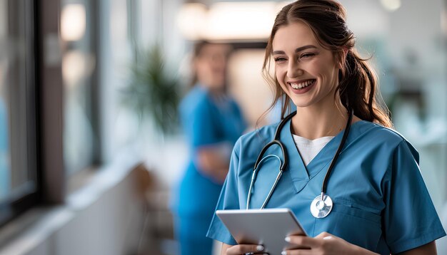 smiling female paramedic with tablet in clinic