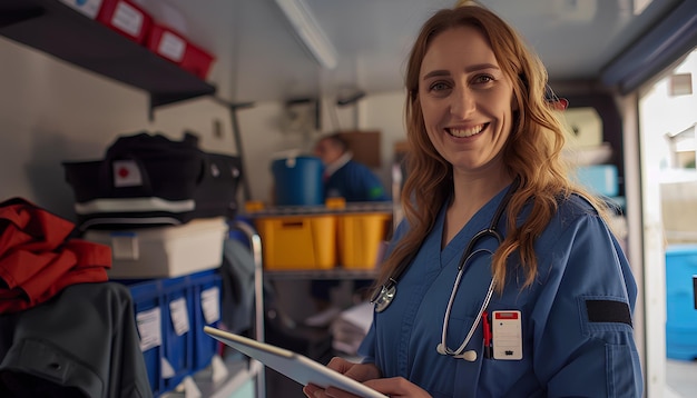 Photo smiling female paramedic with tablet in clinic