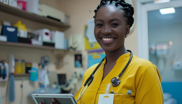 診療所でタブレットを持った笑顔の女性救急隊員