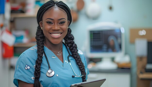 Photo smiling female paramedic with tablet in clinic