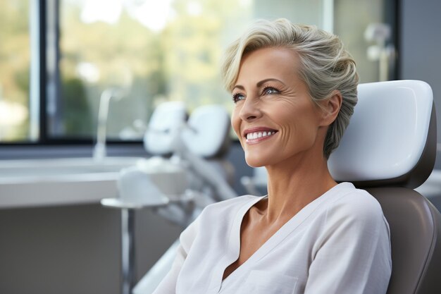 Photo smiling female patient in a dental office