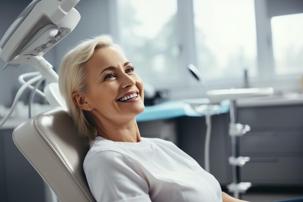 Photo smiling female patient in a dental office