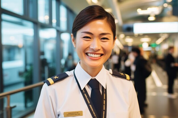 사진 미소 짓는 여성 조종사 가 비행 을 준비 하고 있다