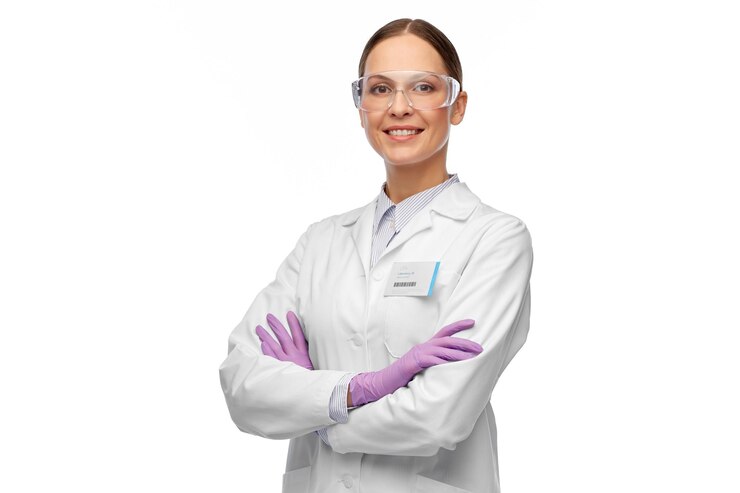 Photo smiling female scientist in goggles and gloves