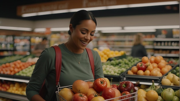 Photo smiling female seller in grocery store vibrant atmosphere