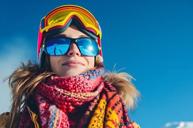 Smiling female skier in colorful attire and goggles against a sunny winter sky Captures the essence