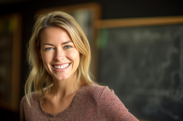 Foto insegnante femminile sorridente davanti alla lavagna con ia generativa