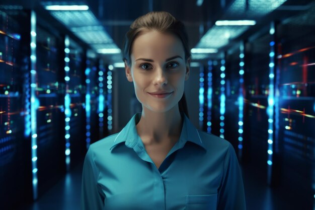 Smiling female technician in server room