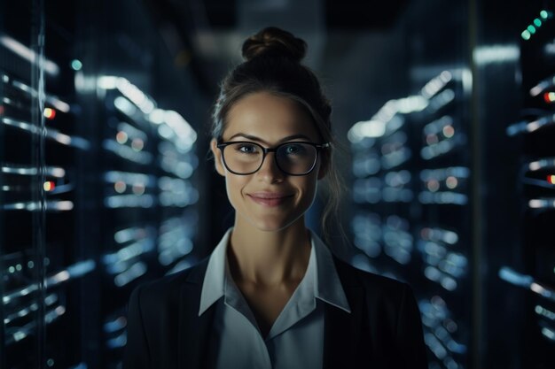 Smiling female technician in server room