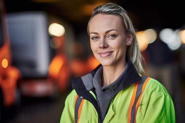 A smiling female truck driver standing in front of her truck with Generative AI