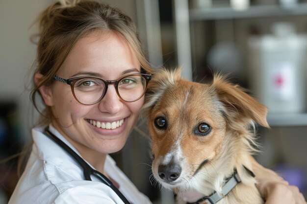 ペットクリニックで可愛いふわふわした小さな犬とメガネをかぶった笑顔の女性医師