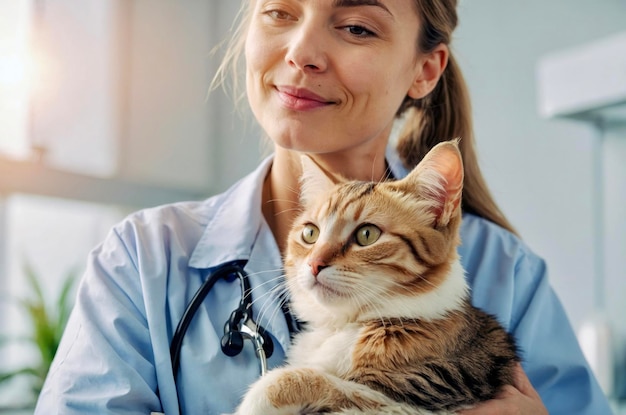 Smiling female veterinarian doctor holding cute cat in arms on veterinary clinic background