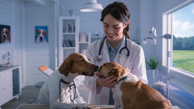 미소 짓는 여성 수의사가 클리닉에서 개에게 먹이를 주고 있습니다.