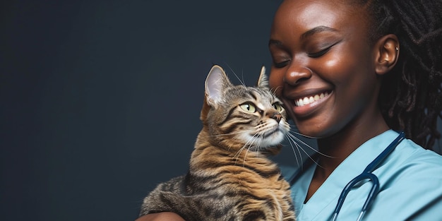 笑顔の女性医師が猫を抱き平らな背景のペットヘルスケアコピースペース医診療所