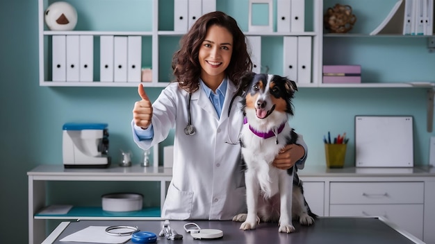 Улыбающаяся женщина-ветеринар с собакой на столе в клинике, показывающая знак пальца