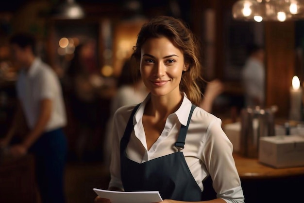 Smiling female waitress take order talk to clients cafe restaurant visitors couple friendly profess