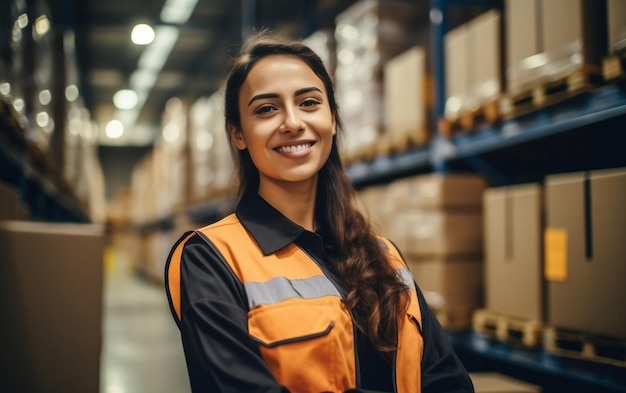 Foto ritratto del primo piano del lavoratore femminile sorridente del magazzino ai generativa