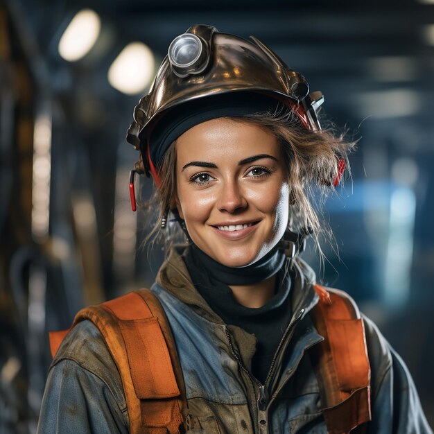 Photo smiling female welder in closeup portrait