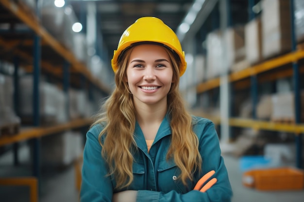 Улыбающаяся рабочая женщина в желтой твердой шляпе уверенно стоит на складе