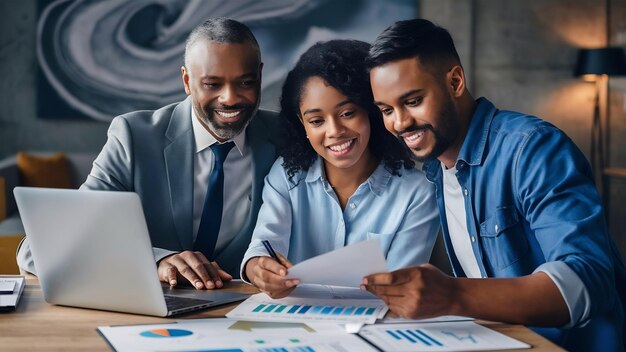 Photo smiling financial advisor using laptop while having a meeting with young couple