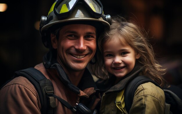 Smiling Fireman and Young Admirer Portrait Generative By Ai