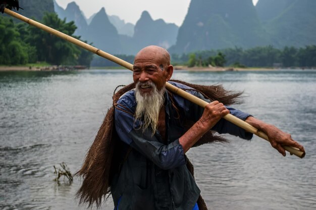 Foto pescatore sorridente con un bambù al fiume