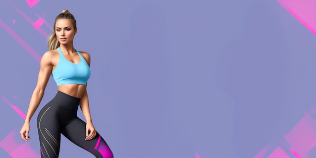 Smiling fit brunette woman in fitness rack over purple background with copy space banner Generative ai