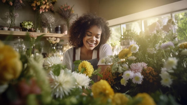 Smiling florist black woman flowers seller in flowers shop attractive woman works with bouquet of beautiful flowers in shop happy floral designer handling flowers floristry business generative AI