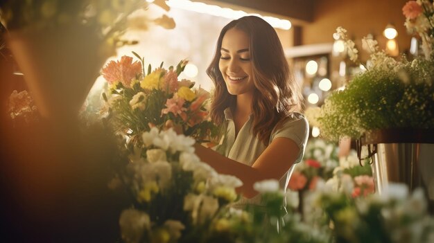 Smiling florist woman flowers seller in flowers shop attractive woman works with bouquet of beautiful fresh flowers in shop happy floral designer handling flowers floristry business generative AI