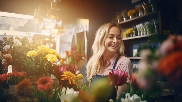 Foto sorridente fiorista donna venditrice di fiori nel negozio di fiori donna attraente lavora con bouquet di bellissimi fiori freschi in negozio felice designer floreale che maneggia fiori floristica affari generativa ai