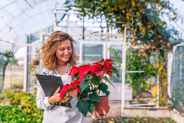 カラフルな明るいgreenhousの赤い花と植木鉢を保持している花屋の女性を笑顔