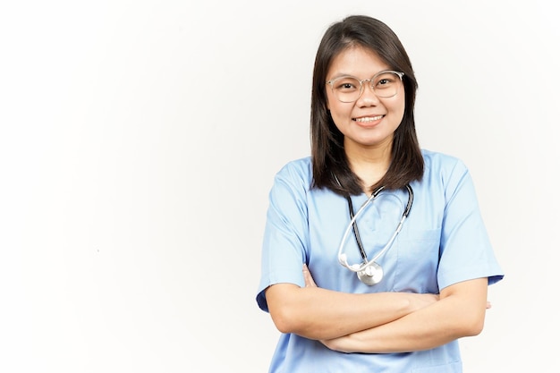 Smiling and Folding arms Of Asian Young Doctor Isolated On White Background