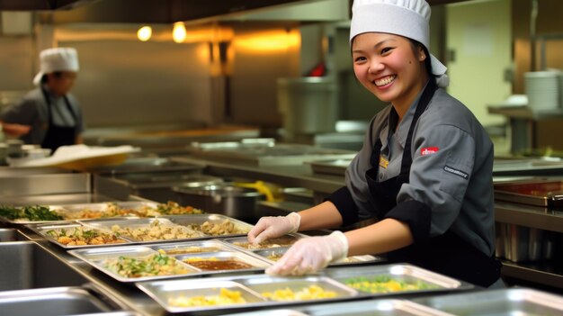 Smiling food preparation worker arranging vegetables in kitchen
