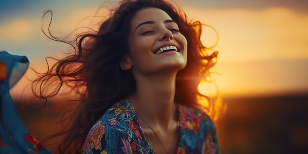 Foto sorridente donna libera con gli occhi chiusi ammirando la bellezza di un tramonto sui campi generative ai