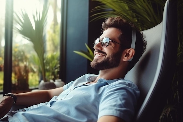 Photo smiling freelancer relaxing at home office