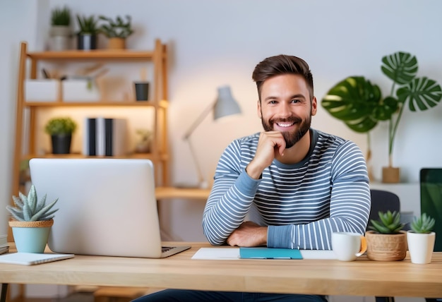 Photo smiling freelancer with hand on chin at home office