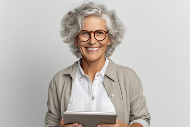 Smiling French hipster woman company worker holding digital tablet over white background exuding confidence and professionalism Generative AI