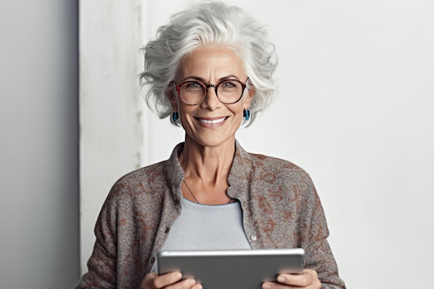 Foto sorridente donna hipster francese anziana, un lavoratore dell'azienda che tiene in mano una tavoletta digitale su sfondo bianco trasuda fiducia, professionalità e un approccio moderno al business ia generativa