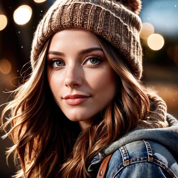 Smiling friendly woman wearing Beanie article of clothing fashion