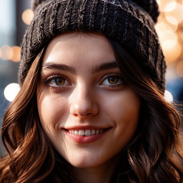 Smiling friendly woman wearing Beanie article of clothing fashion