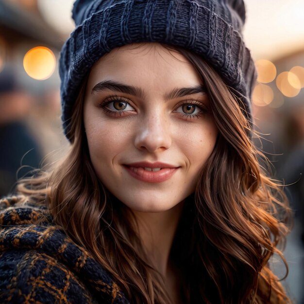 Smiling friendly woman wearing Beanie article of clothing fashion