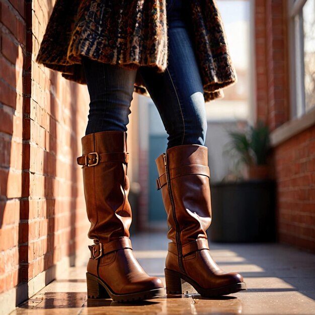 Photo smiling friendly woman wearing boots article of clothing fashion