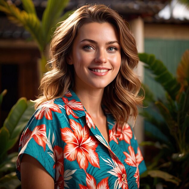 Foto donna sorridente e amichevole che indossa una camicia hawaiana articolo di abbigliamento di moda