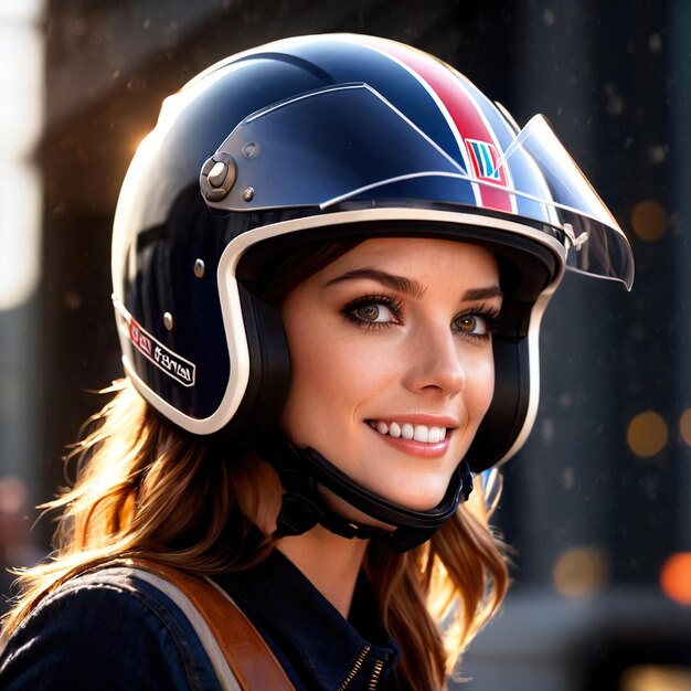 Smiling friendly woman wearing Helmet article of clothing fashion